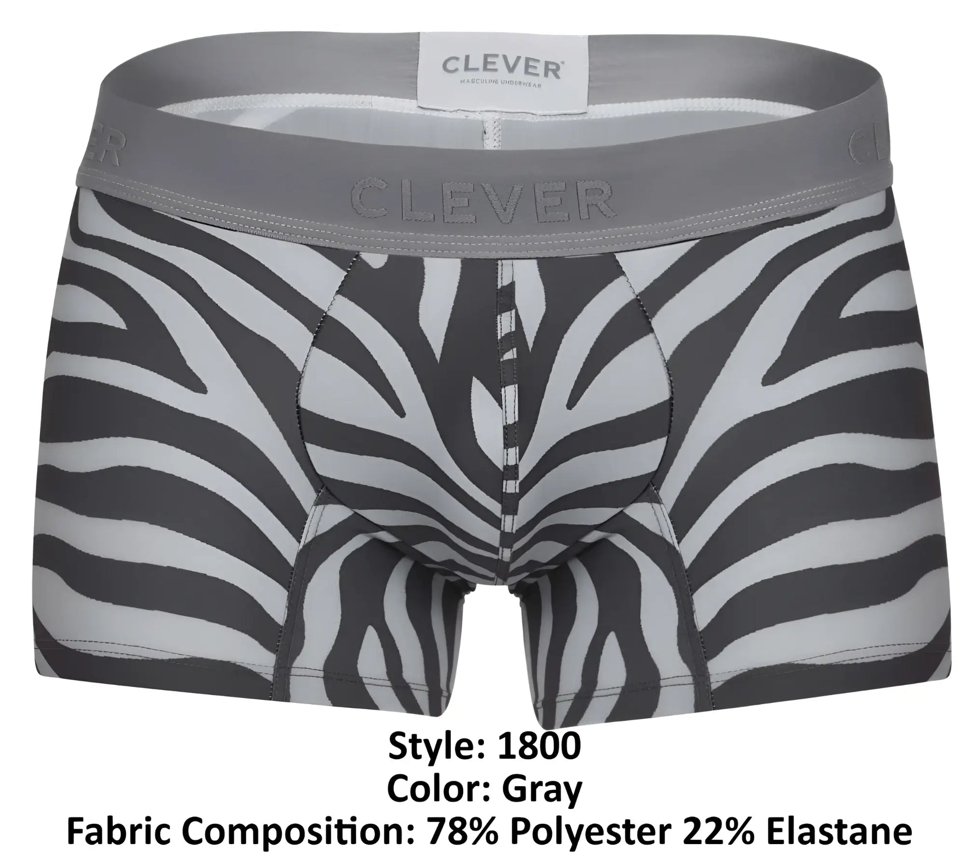 Gray zebra-print clever 1800 cebra trunks boxer briefs with gray elastic waistband featuring clever branding