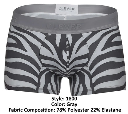 Gray zebra-print clever 1800 cebra trunks boxer briefs with gray elastic waistband featuring clever branding