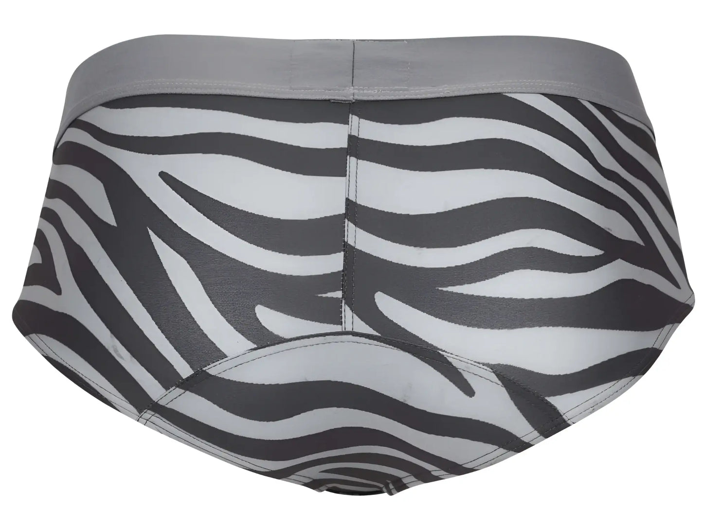 Clever 1801 cebra briefs featuring a gray waistband and black-and-white zebra-striped fabric front view