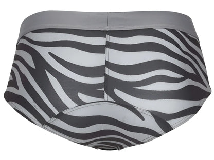 Clever 1801 cebra briefs featuring a gray waistband and black-and-white zebra-striped fabric front view