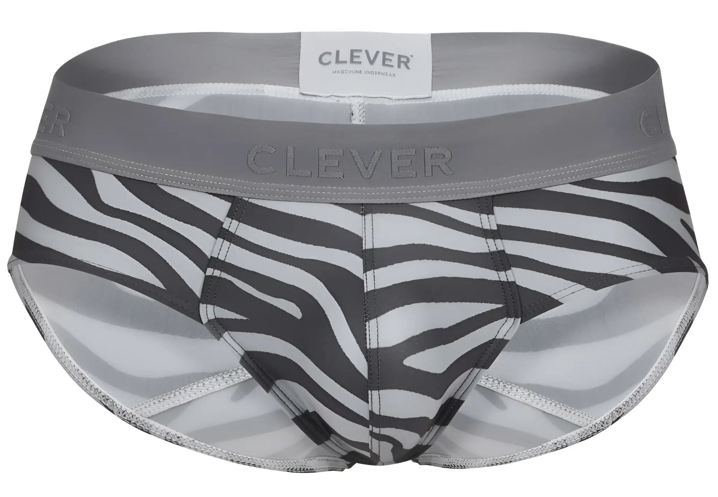 Gray and white zebra-striped clever 1801 cebra briefs with gray elastic waistband for men