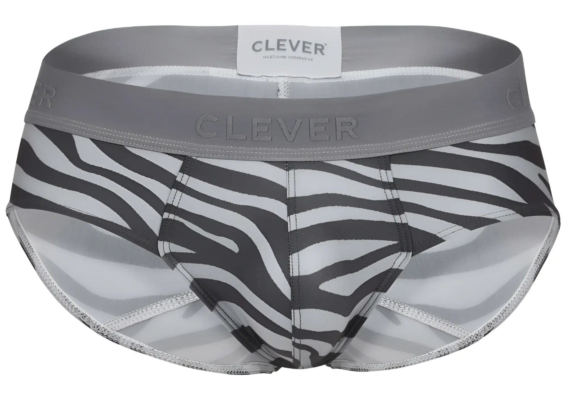 Gray and white zebra-striped clever 1801 cebra briefs with gray elastic waistband for men