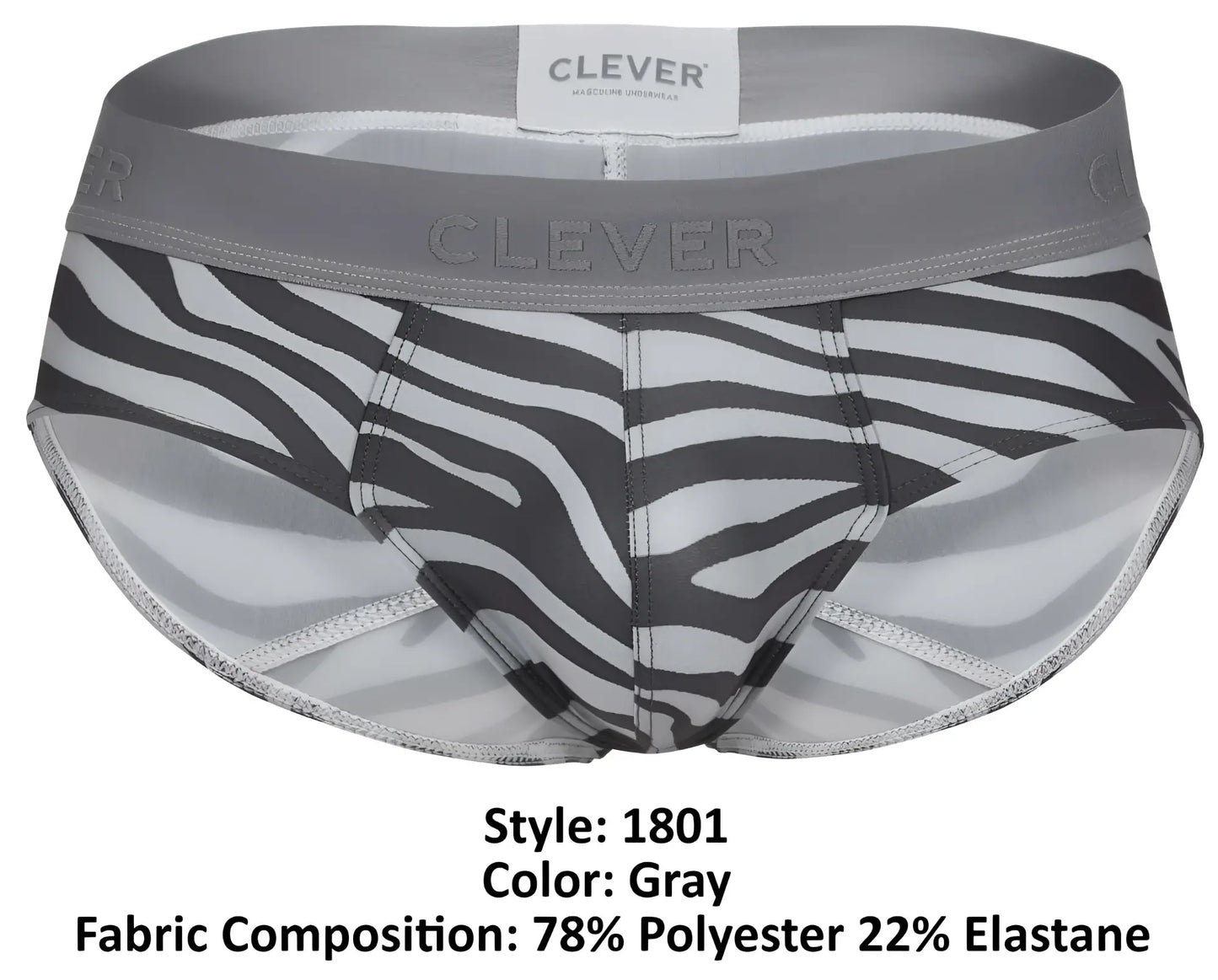 Clever 1801 cebra briefs in gray zebra print with gray waistband made of 78 polyester and 22 elastane