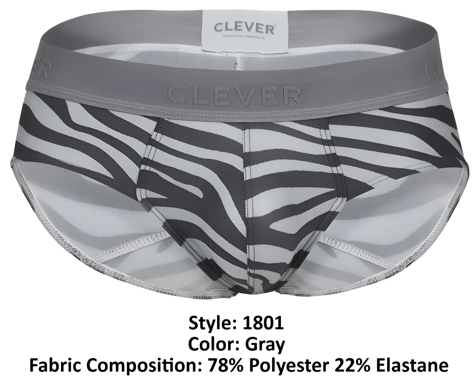 Clever 1801 cebra briefs in gray zebra print with gray waistband made of 78 polyester and 22 elastane