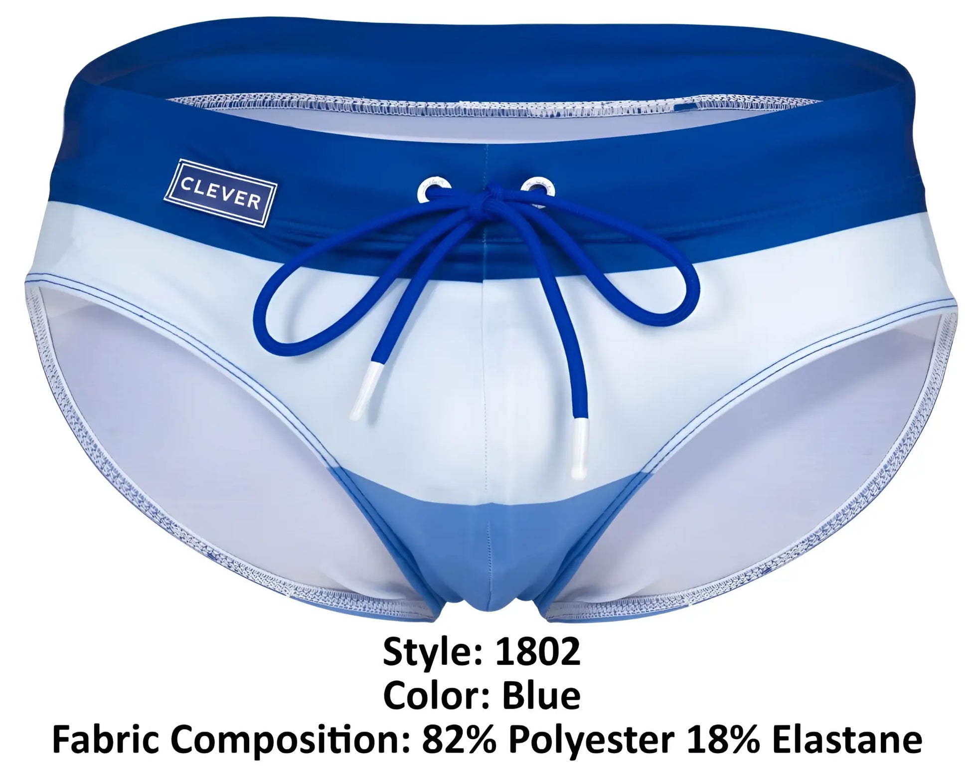 Clever 1802 wave swim briefs in blue feature blue and white stripes with a navy waistband and clever logo on the left side