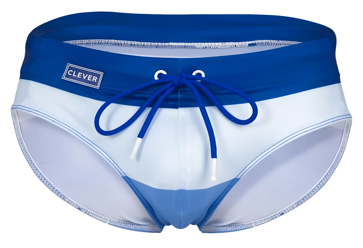 Clever 1802 wave swim briefs in blue with white accents and matching blue drawstring featuring clever label on waistband