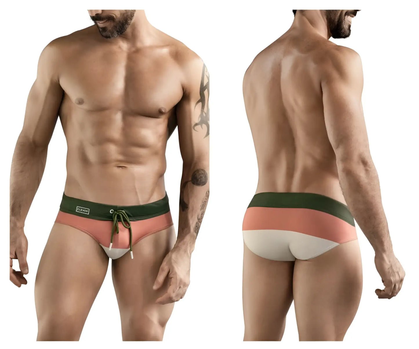Men’s clever 1802 wave swim briefs in green with coral and white stripes and dark green drawstring waistband