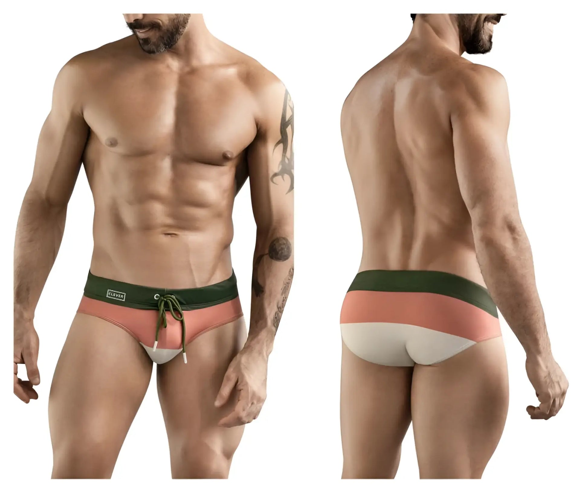 Men’s clever 1802 wave swim briefs in green with coral and white stripes and dark green drawstring waistband