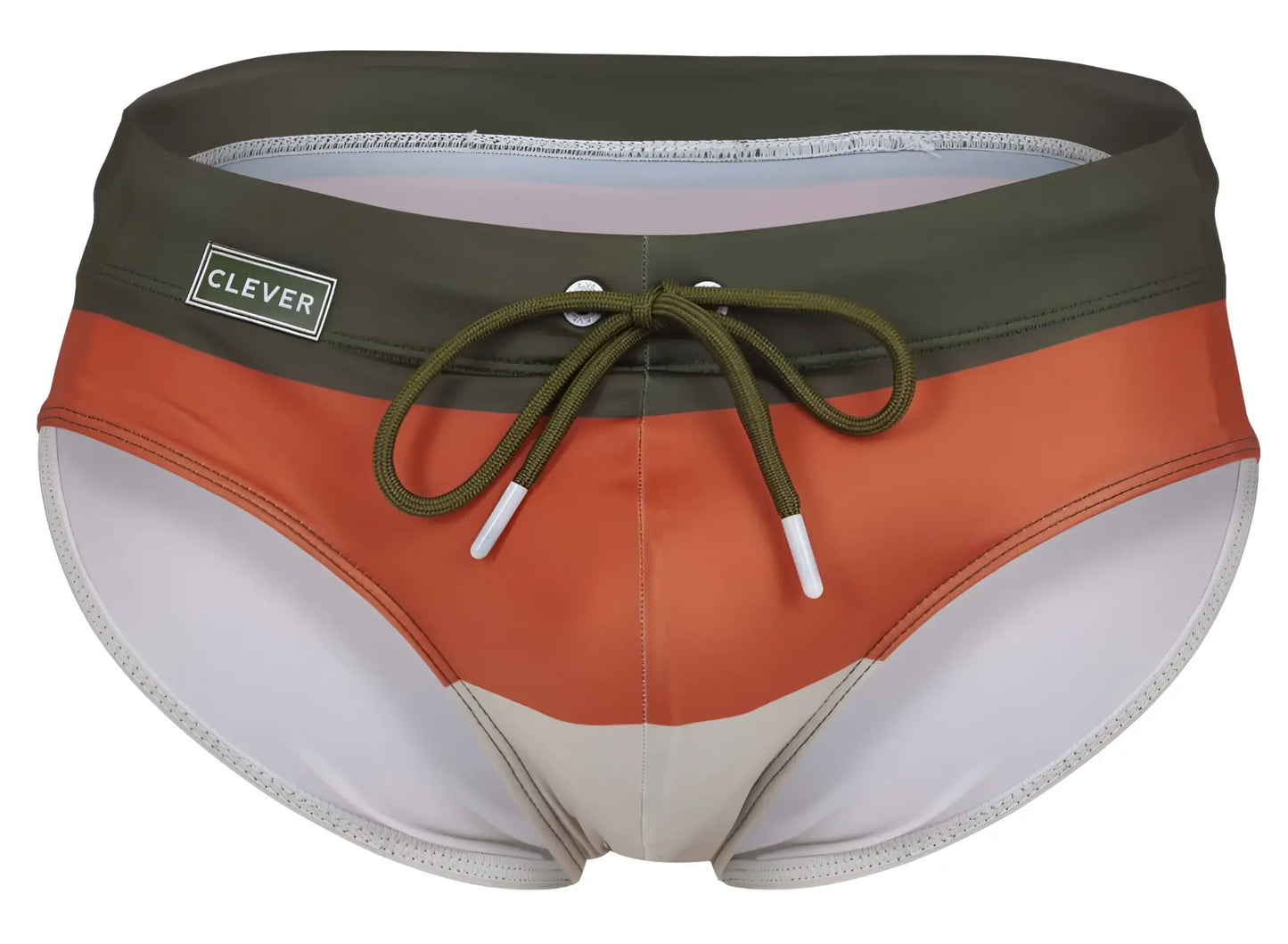 Olive green and orange striped clever 1802 wave swim briefs with white trim and drawstring waistband for swimming