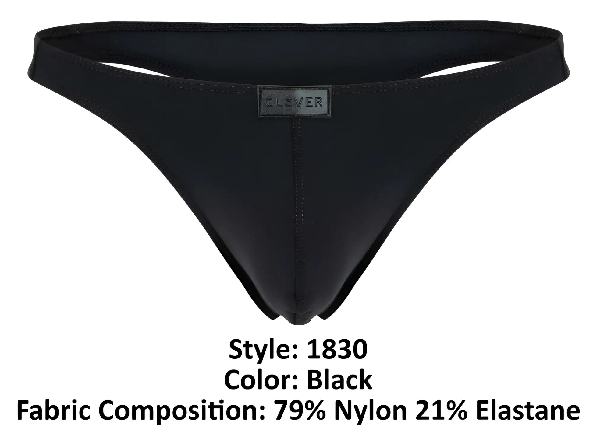 Black men’s thong in sleek minimalist design with clever brand label on waistband color black backside shown