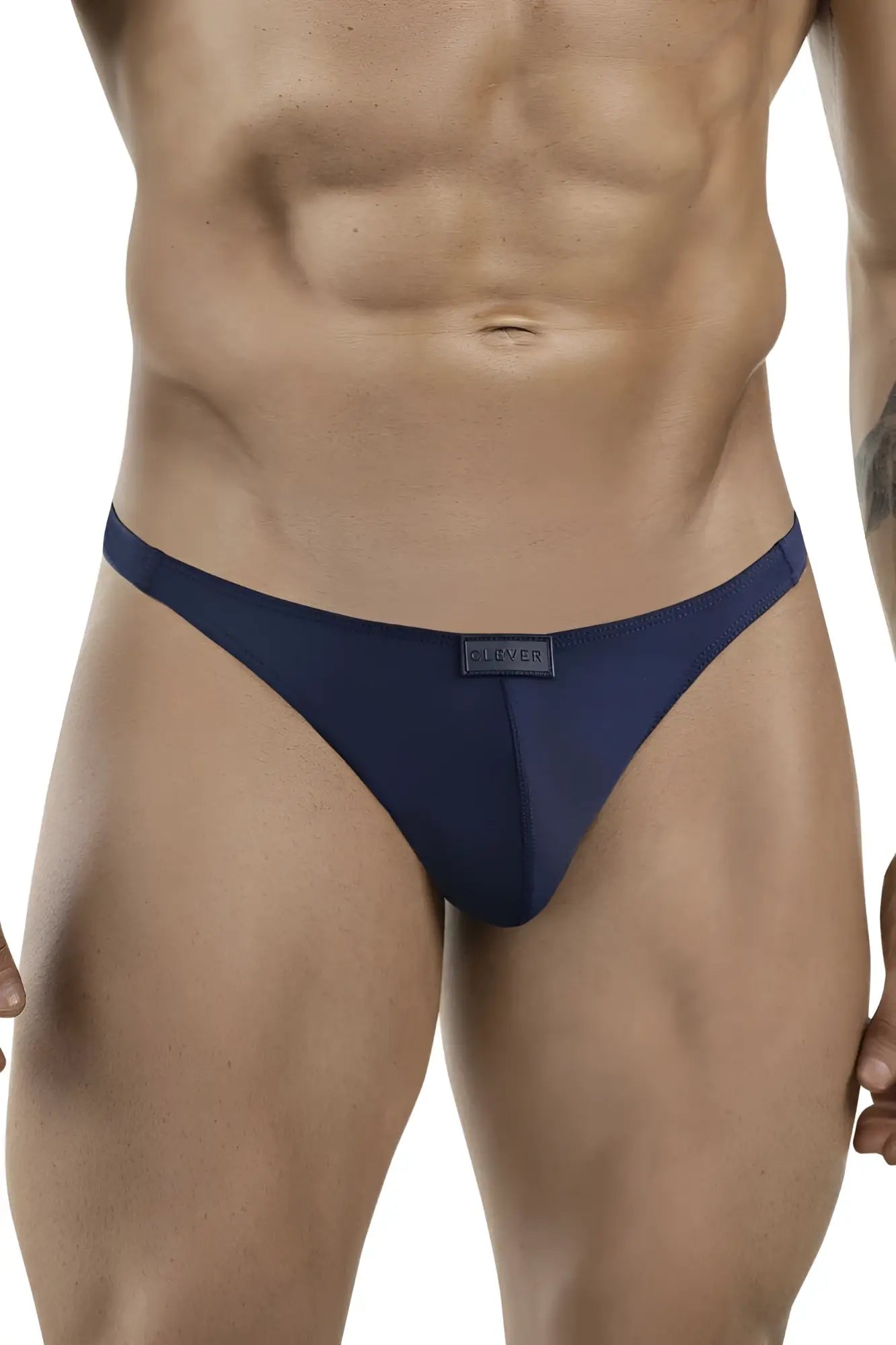 Navy blue clever 1830 desirable thong with subtle textured fabric and small rectangular brand tag on waistband