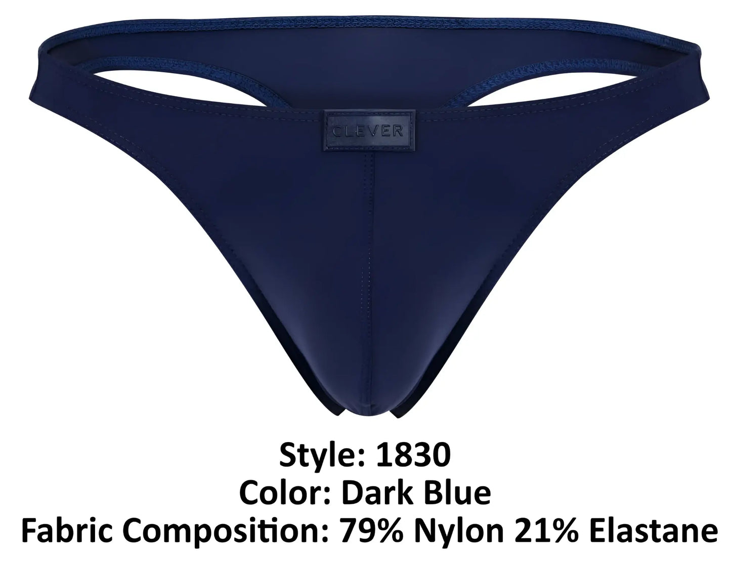 Dark blue clever 1830 desirable thong made of 79% nylon and 21% elastane with a small black brand label at center