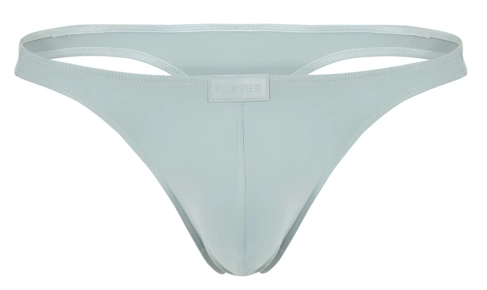 A sleek light blue clever 1830 desirable thong made of smooth fabric with a clover brand tag at the center
