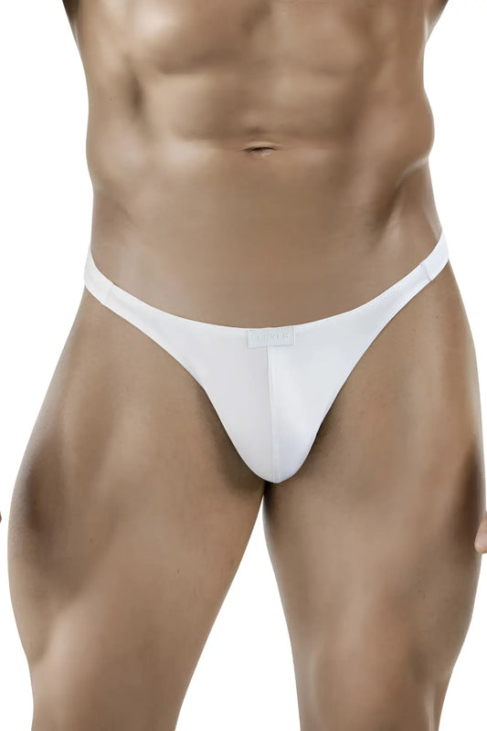 White clever 1830 desirable thong made of smooth minimalist fabric featuring a small rectangular label at center front