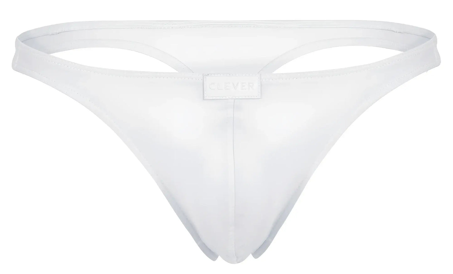 White clever 1830 desirable thong back view made of smooth stretchy fabric with a small rectangular brand tag