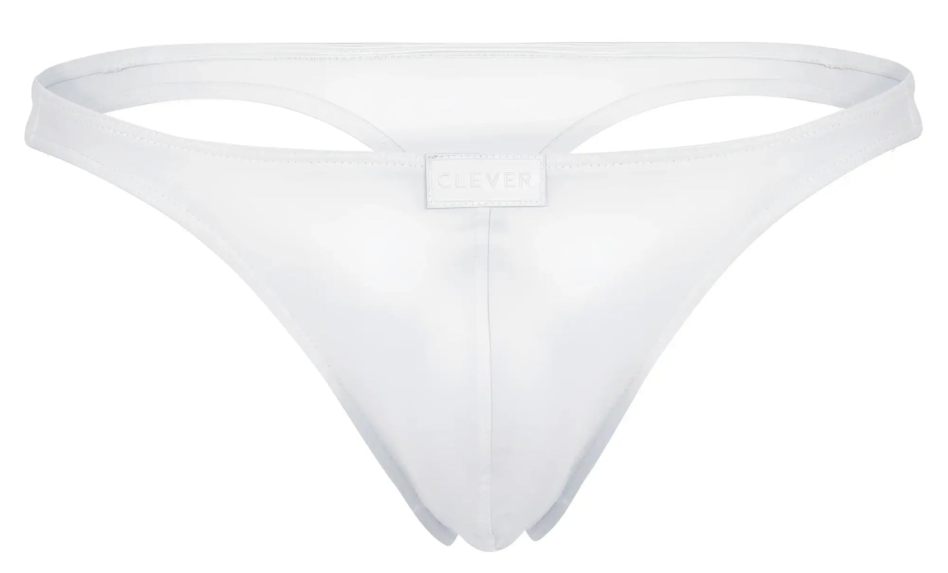 White clever 1830 desirable thong back view made of smooth stretchy fabric with a small rectangular brand tag