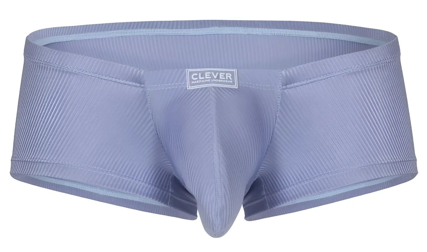 Light blue ribbed fabric briefs with clever brand label on waistband from clever 1844 aura trunks collection