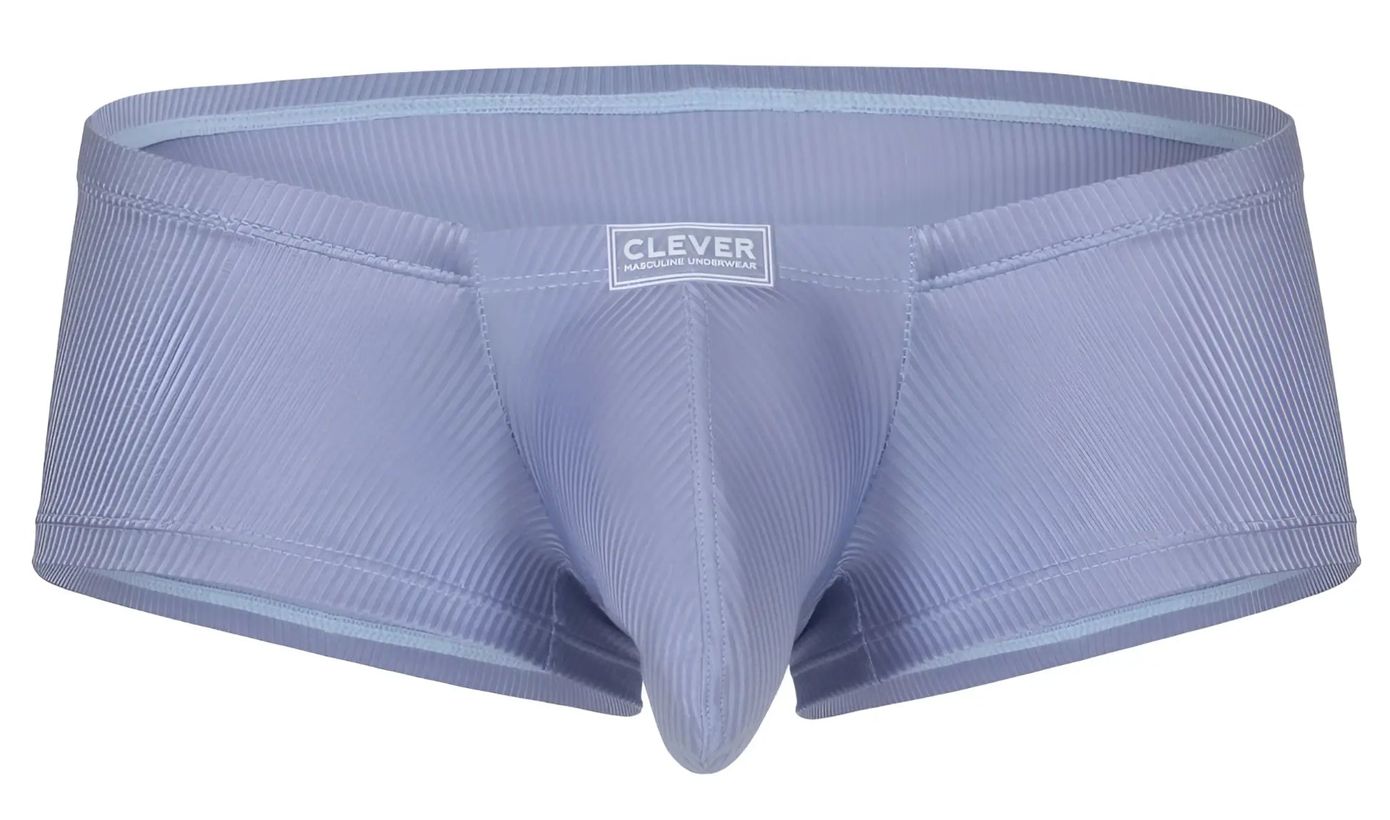 Light blue ribbed fabric briefs with clever brand label on waistband from clever 1844 aura trunks collection