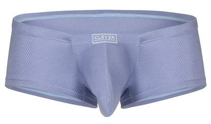 Light blue ribbed fabric briefs with clever brand label on waistband from clever 1844 aura trunks collection