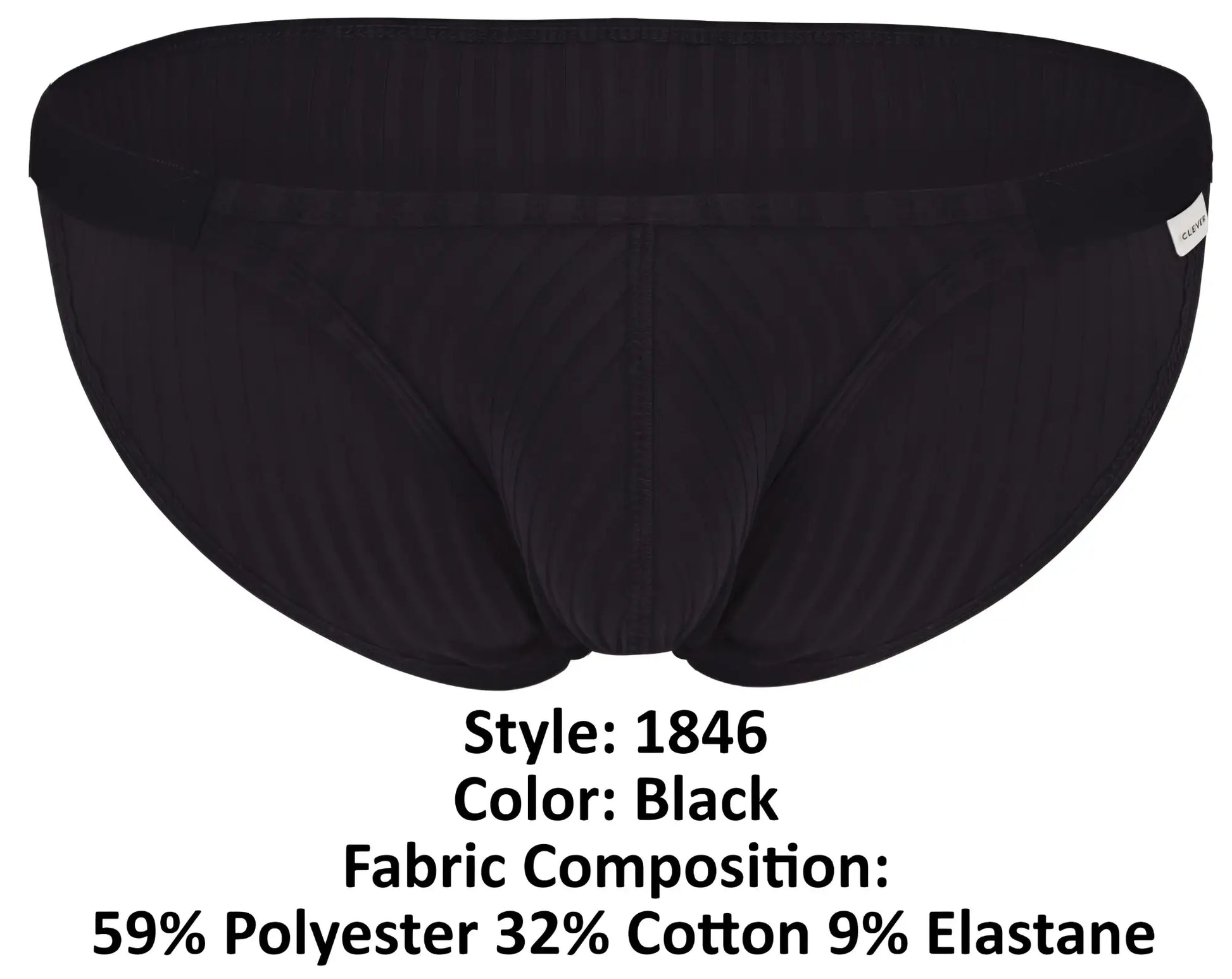 Clever 1846 mantra bikini black men’s briefs with ribbed texture and elastic waistband shown from the back