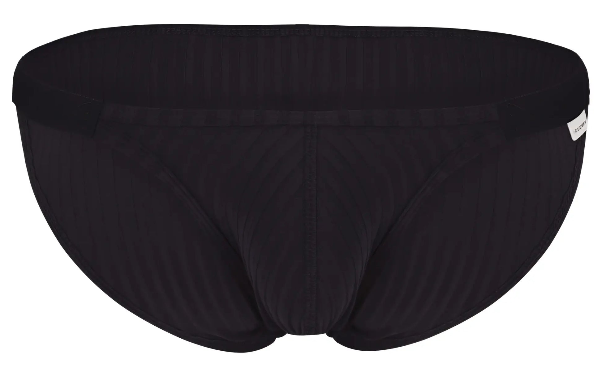 Black Clever 1846 Mantra bikini briefs with ribbed waistband and subtle vertical stitching in textured fabric