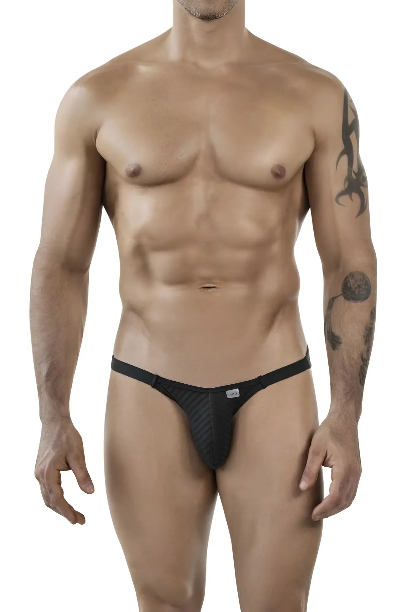 Black textured thong bikini with sleek form-fitting design from clever 1846 mantra collection front view