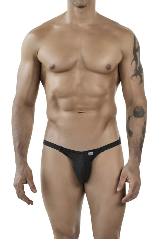 Black textured thong bikini with sleek form-fitting design from clever 1846 mantra collection front view