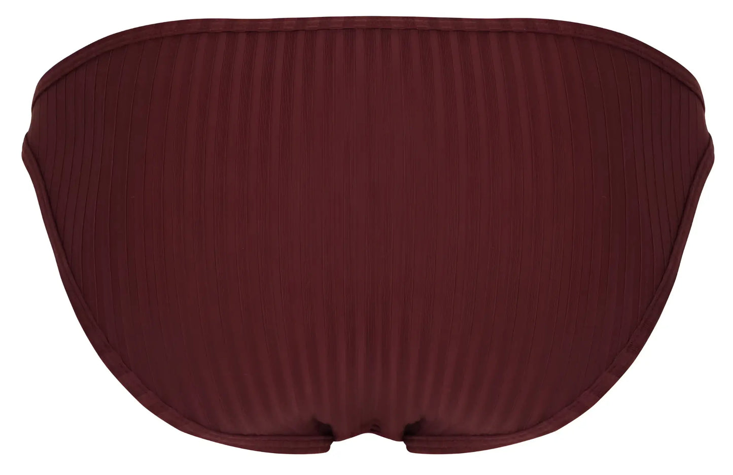 Maroon ribbed bikini bottom with sleek contoured design from clever 1846 mantra bikini color grape viewed from back