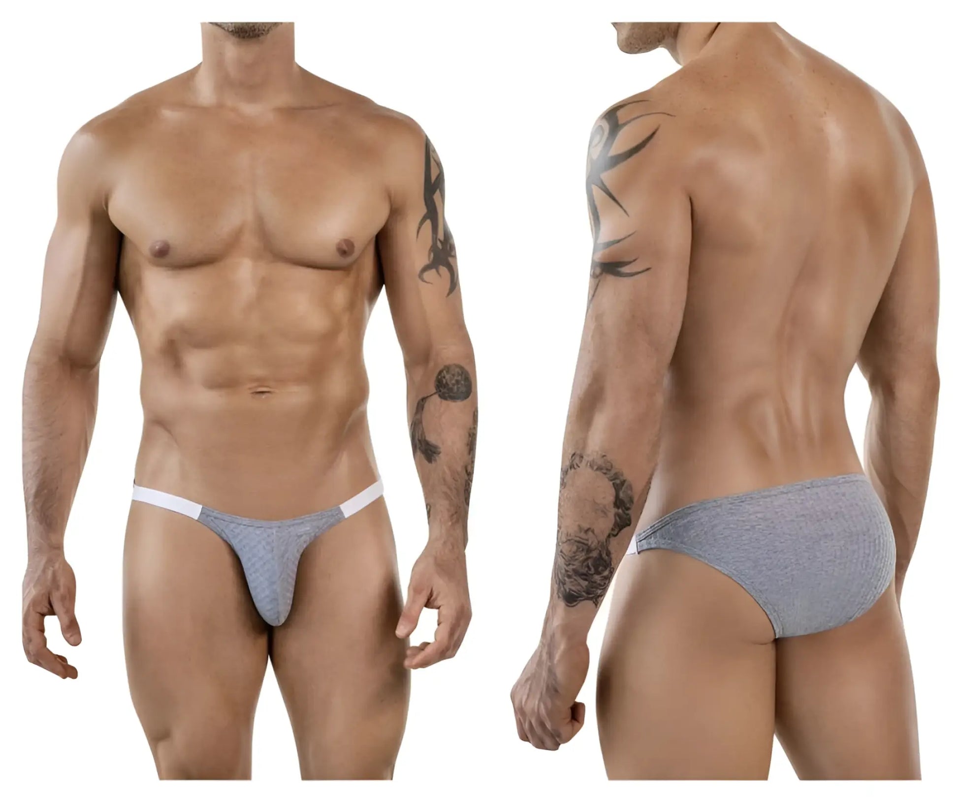 Gray textured briefs with white trim from clever 1846 mantra bikini in gray offering comfortable daily wear