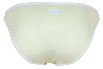 Cream-colored cleverly 1848 relax bikini bottom with soft padding white trim and subtle brand label at the waistband