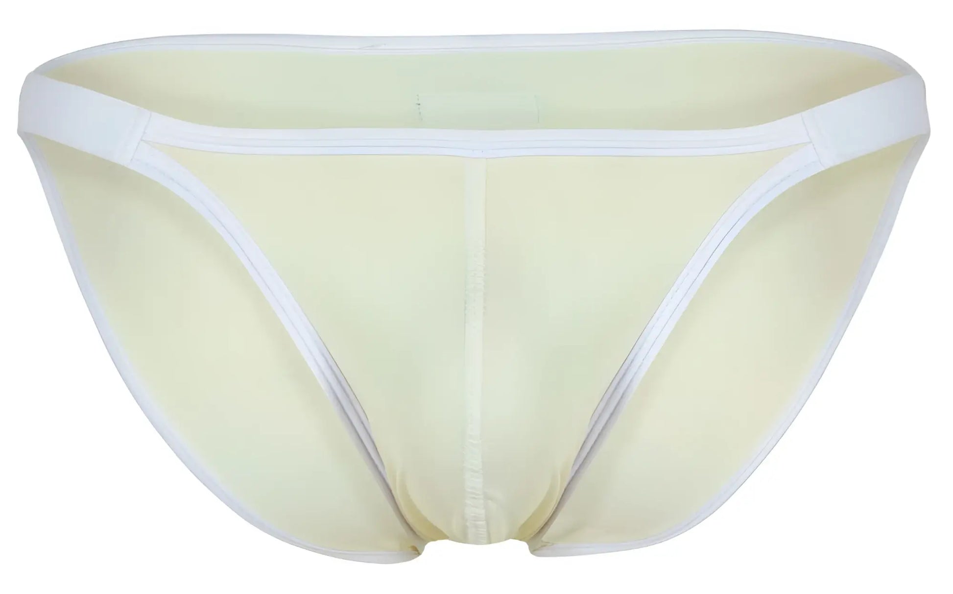 Pale yellow sheer briefs with white trim in clever 1848 relax bikini color beige style front view