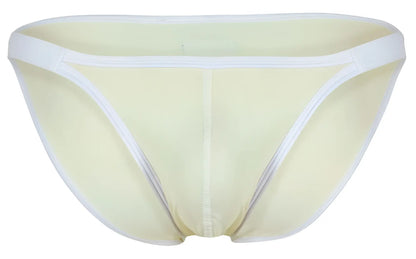 Pale yellow sheer briefs with white trim in clever 1848 relax bikini color beige style front view