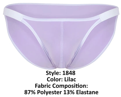 Lilac-colored sheer mesh Clever 1848 Relax bikini briefs with white trim and central seam in front view