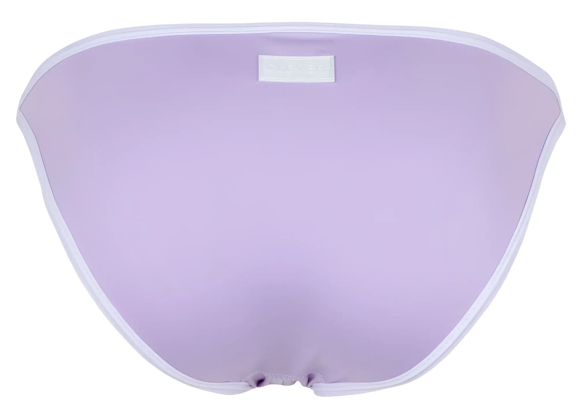 Lavender mesh bikini bottom with white trim and small rectangular label at waistband from clever 1848 relax bikini color lilac