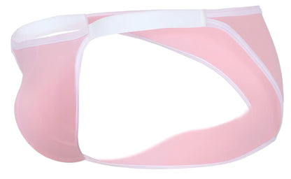 Pink sheer mesh briefs with white elastic waistband and trim from clever 1848 relax bikini collection