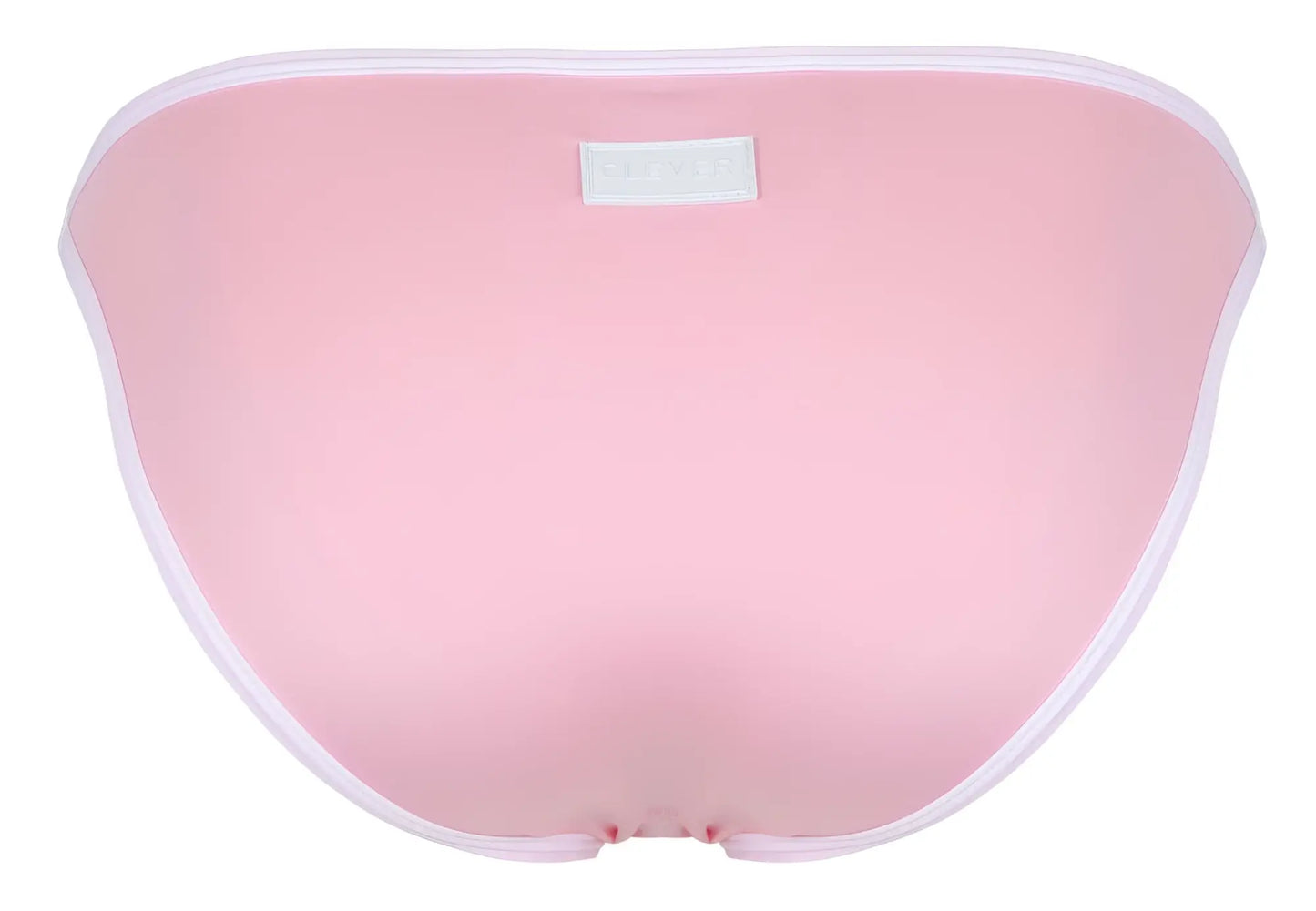 Back view of clever 1848 relax pink bikini bottom with white trim and small rectangular label in swimwear fabric