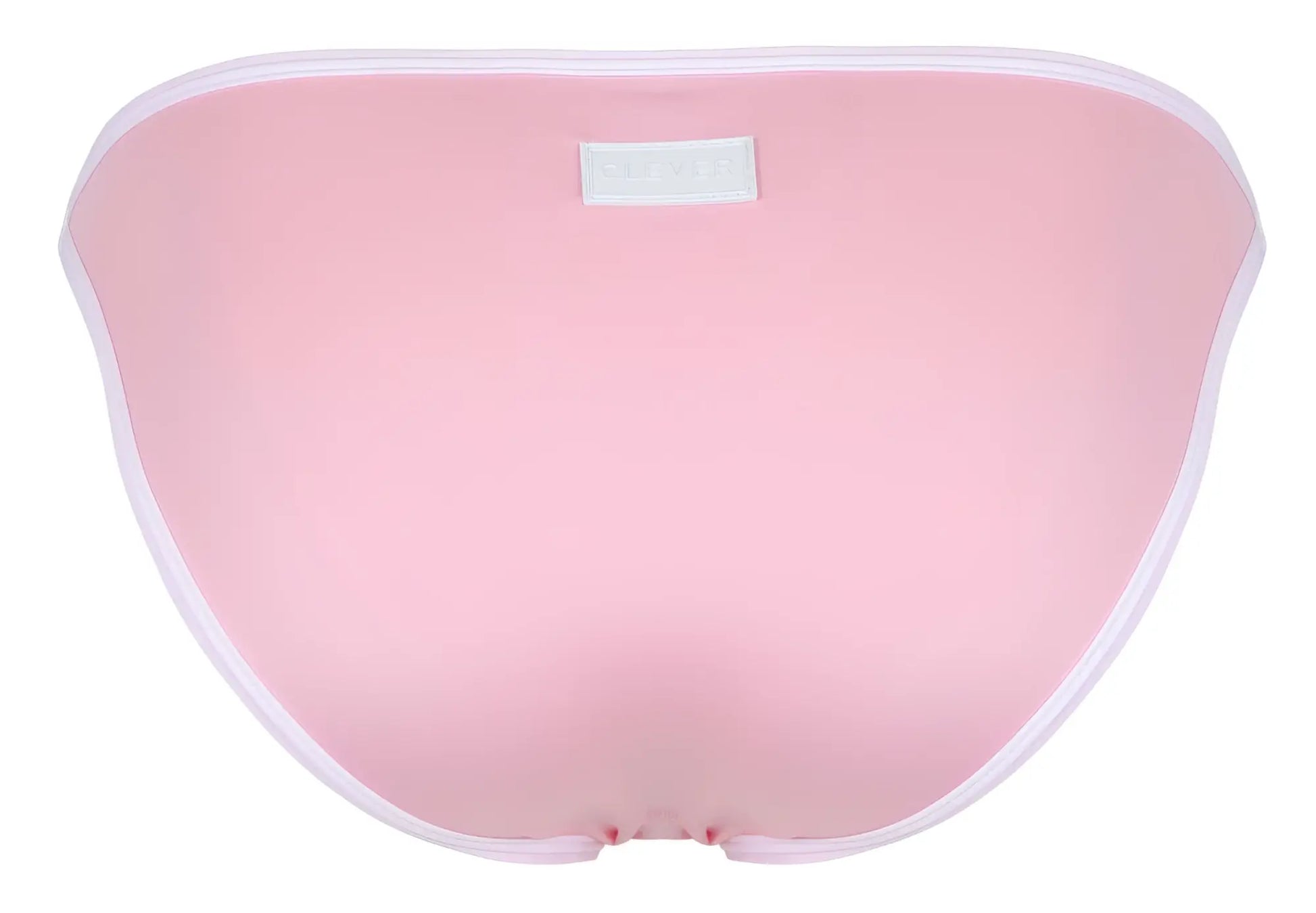 Back view of clever 1848 relax pink bikini bottom with white trim and small rectangular label in swimwear fabric