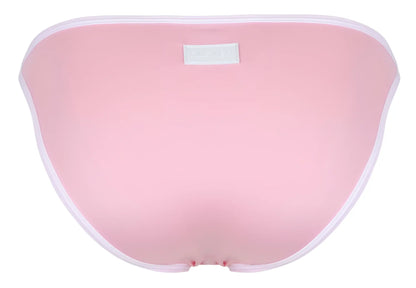 Back view of clever 1848 relax pink bikini bottom with white trim and small rectangular label in swimwear fabric