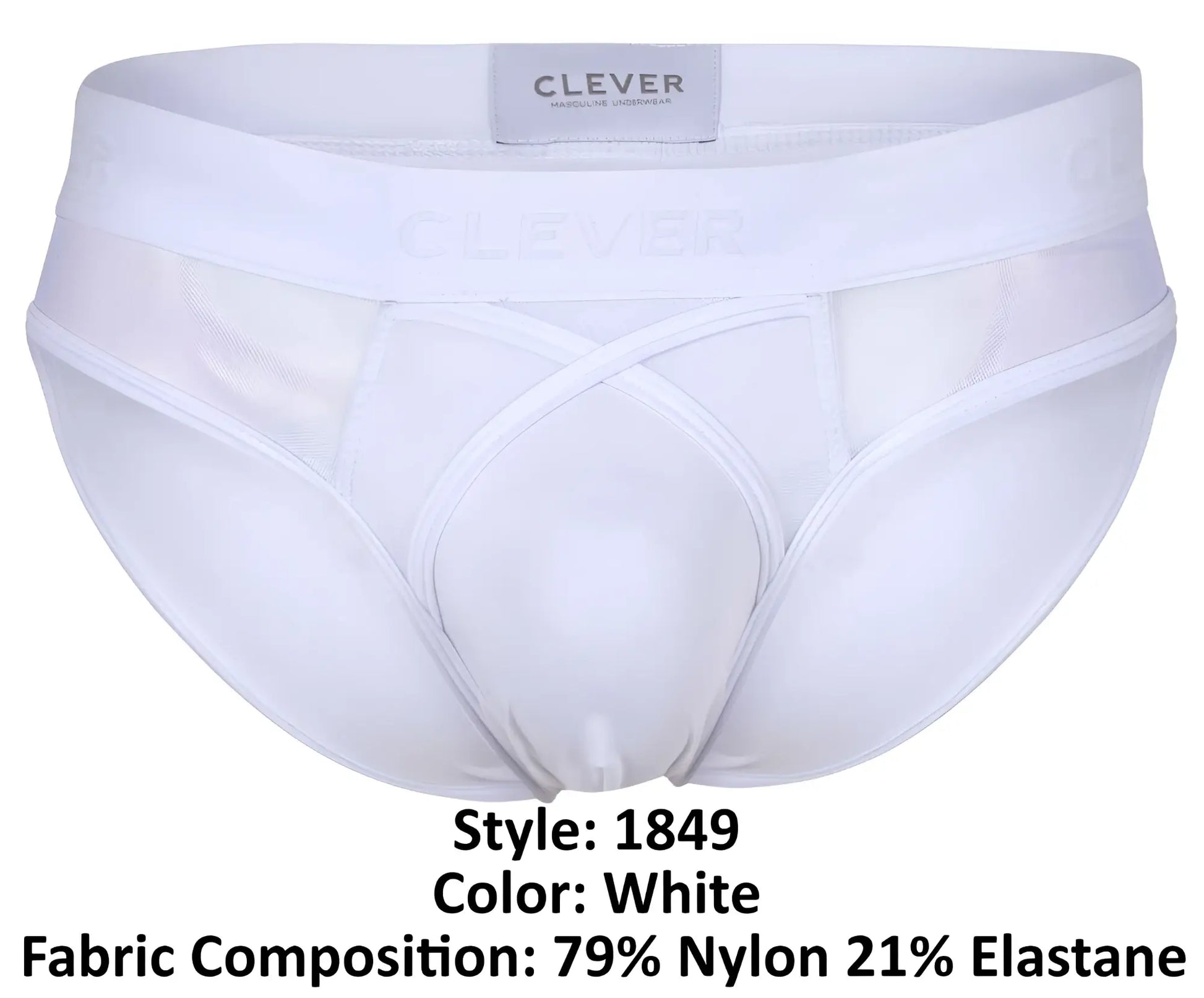 White men’s briefs with mesh panel and elastic waistband featuring clever brand label in eros bikini color white