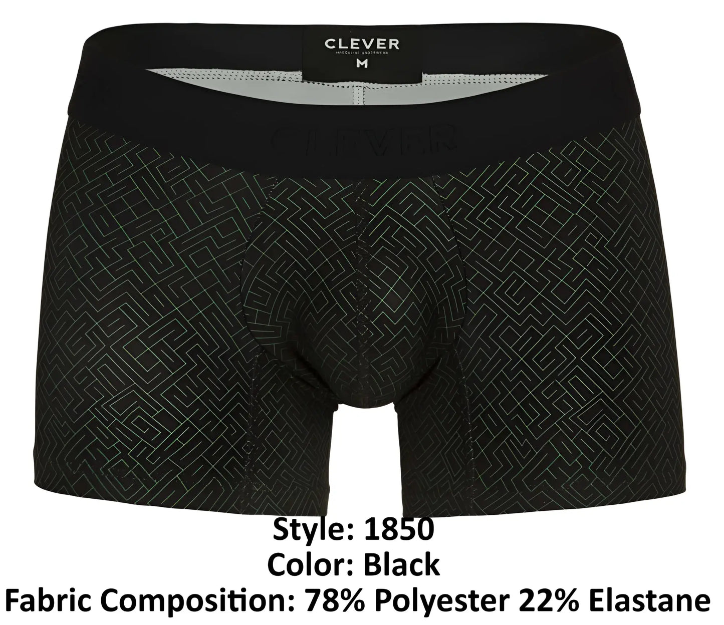 Black boxer briefs clever 1850 laberin trunks in black with subtle geometric pattern and black elastic waistband