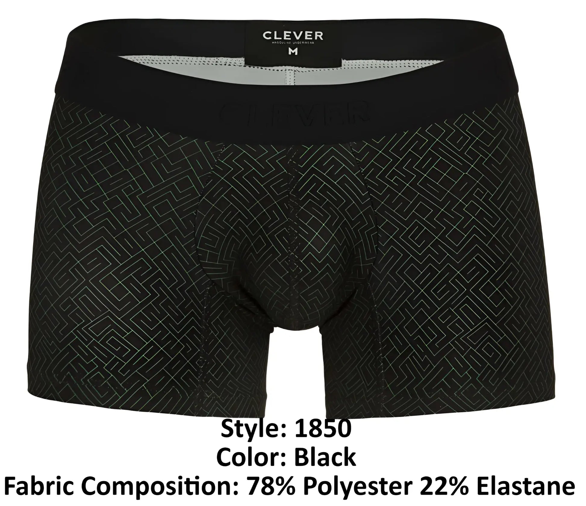 Black boxer briefs clever 1850 laberin trunks in black with subtle geometric pattern and black elastic waistband