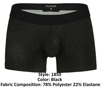Black boxer briefs clever 1850 laberin trunks in black with subtle geometric pattern and black elastic waistband