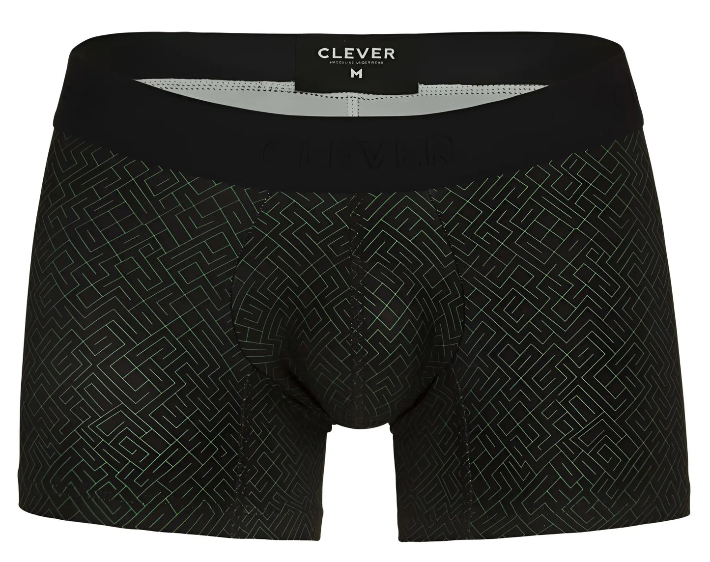 Black clever 1850 laberin trunks boxer briefs with subtle light gray geometric pattern and clever waistband label