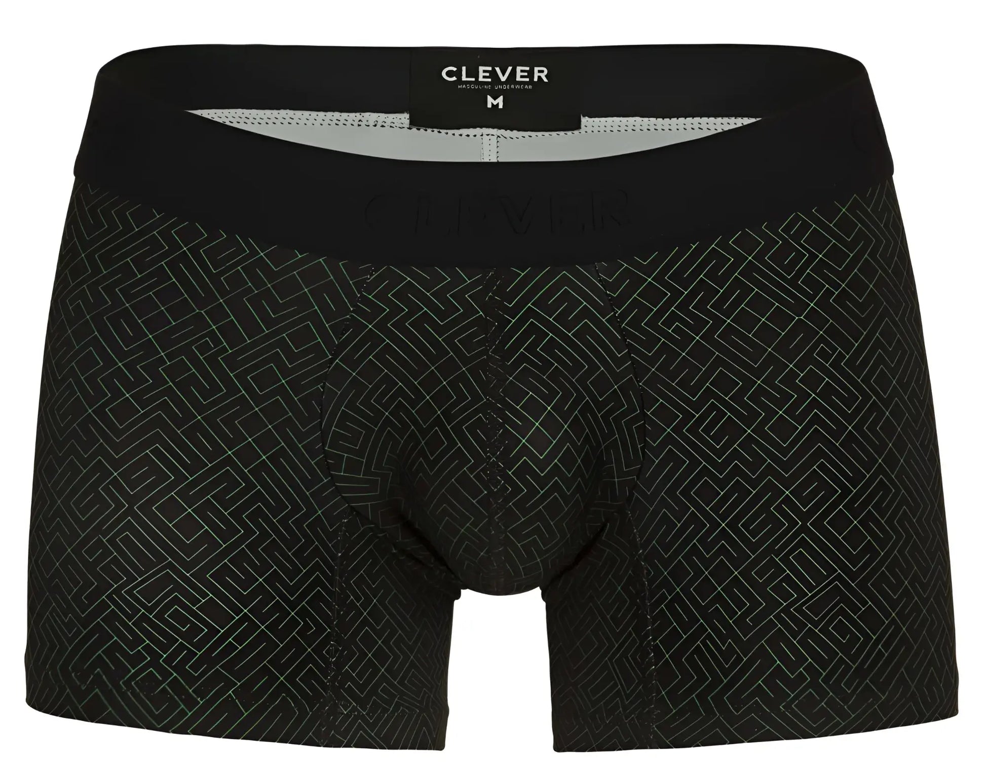 Black clever 1850 laberin trunks boxer briefs with subtle light gray geometric pattern and clever waistband label