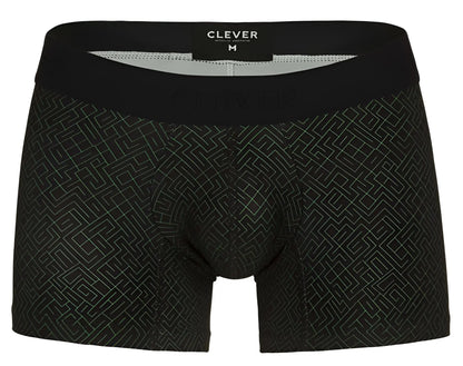 Black clever 1850 laberin trunks boxer briefs with subtle light gray geometric pattern and clever waistband label