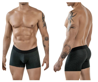 Black clever 1850 laberin trunks boxer briefs with subtle geometric pattern and solid black waistband front view
