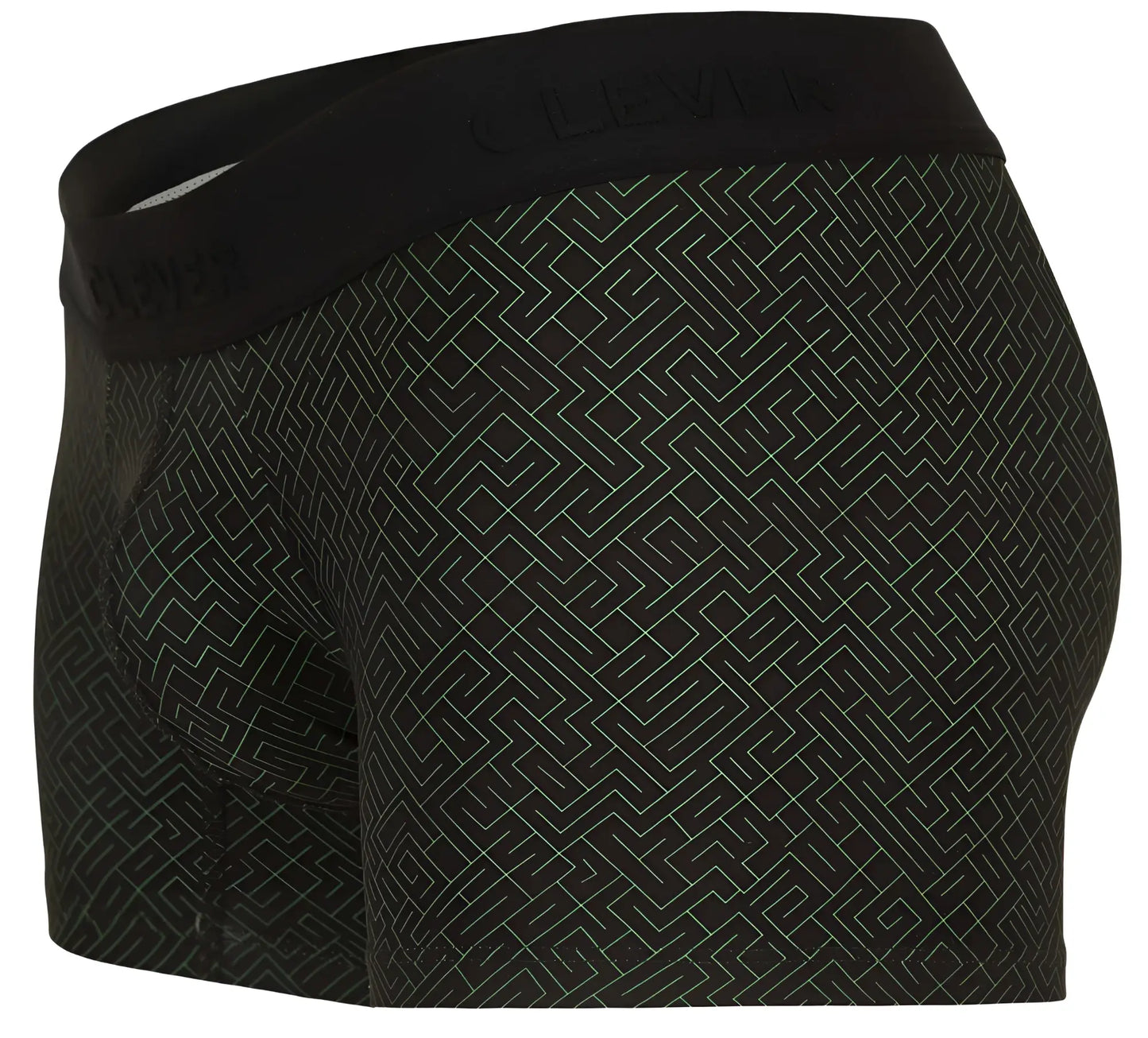 Black men’s boxer briefs clever 1850 laberin trunks in black with light gray maze pattern and clever embroidered waistband