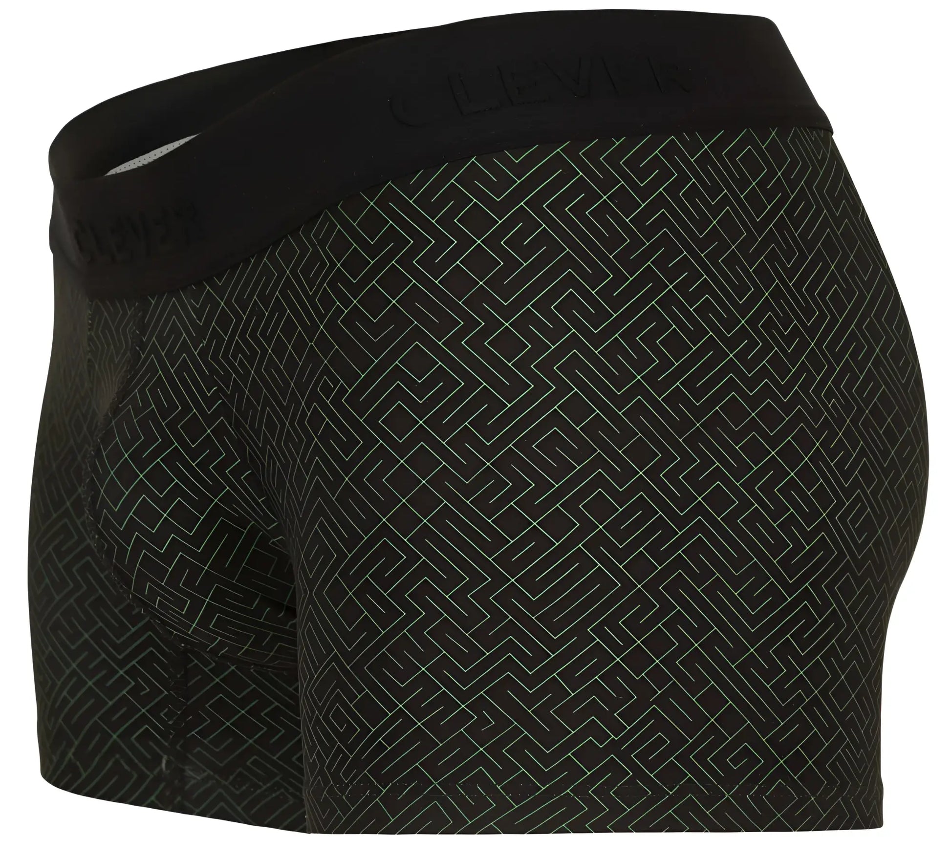 Black men’s boxer briefs clever 1850 laberin trunks in black with light gray maze pattern and clever embroidered waistband