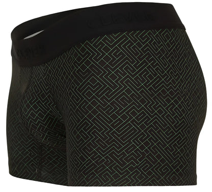 Black men’s boxer briefs clever 1850 laberin trunks in black with light gray maze pattern and clever embroidered waistband
