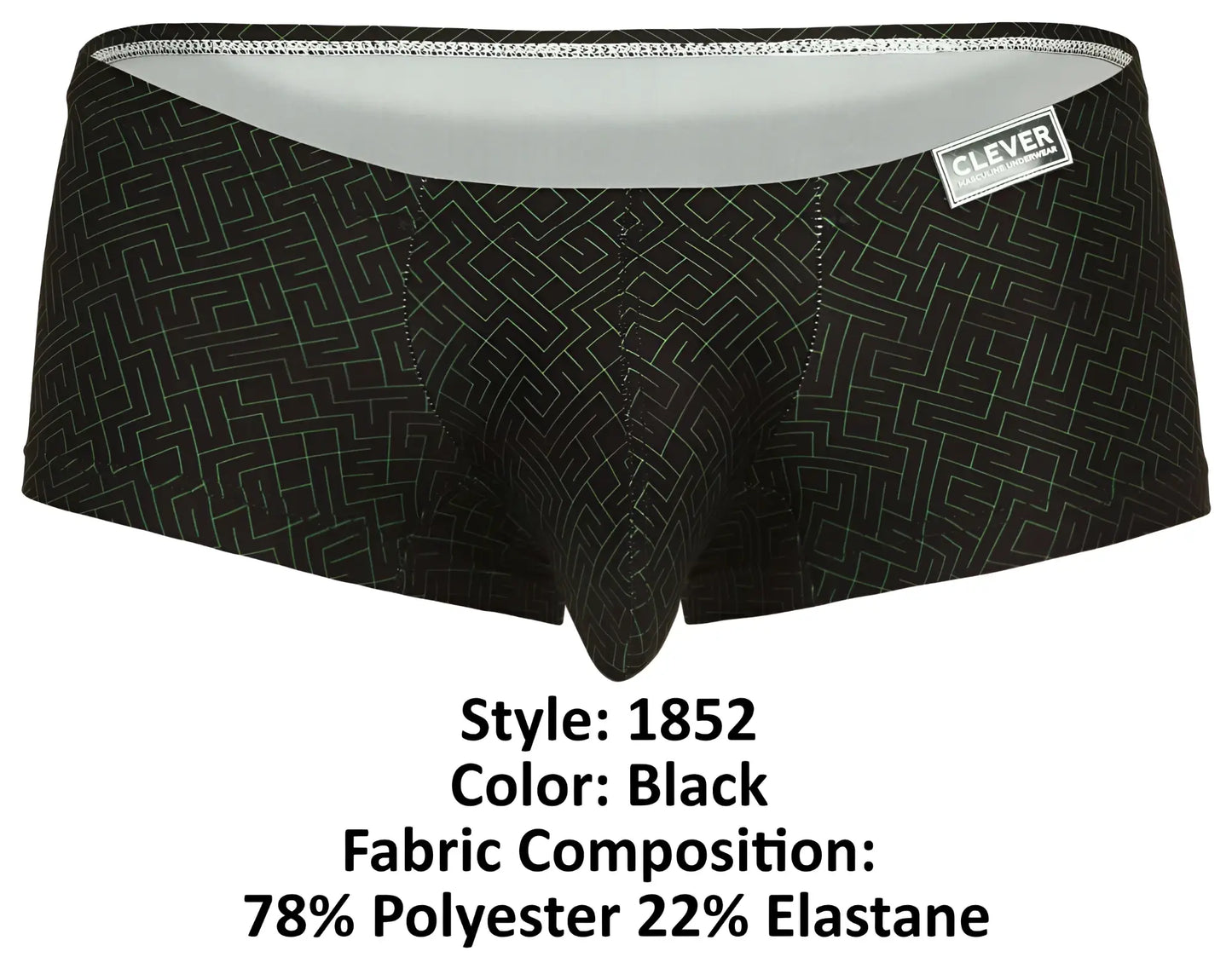Clever 1852 laberin trunks black men’s briefs with subtle white maze pattern and branded clever waistband label